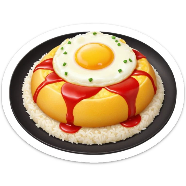 Tasty omurice dish on a big plate garnished with a wobbly line of ketchup on top sticker