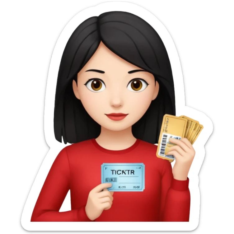 A girl with a bunch black of hair, wearing a red long-sleeved shirt and holding theater tickets sticker