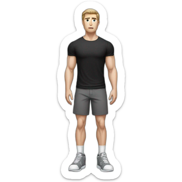 Confused Pale skinned Fit Man With the biceps and dark brown hair in black shirt, gray sports shorts and white Sneakers sticker