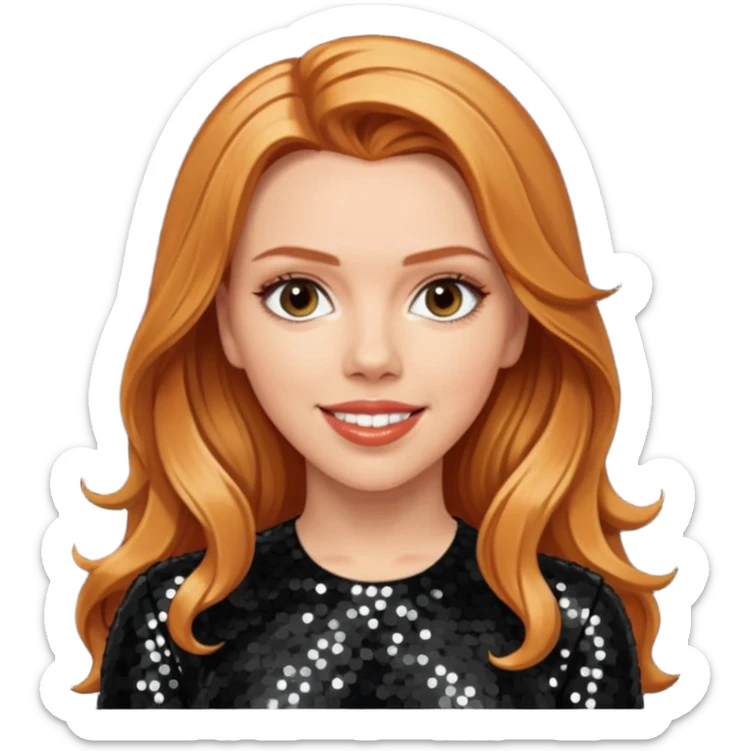 Scarlett Johansson with long reddish blonde hair, black sequin outfit sticker