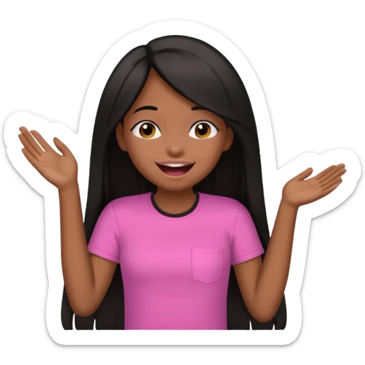 Chocolate brown girl wearing a pink shirt with long straight jet black hair giggling, she has one hand behind her back and one over her mouth  sticker