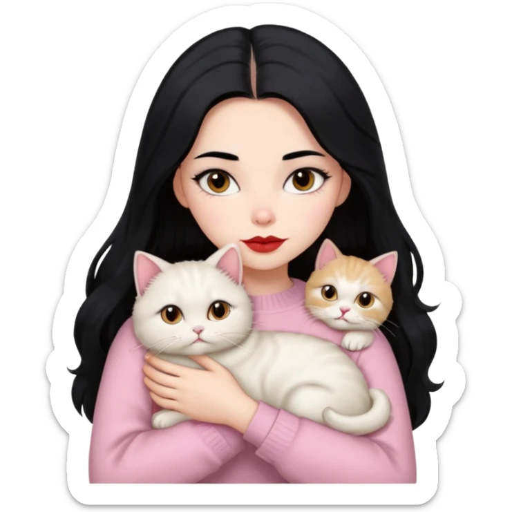 Beautiful Girl Long Hair black, Brows Big , Skin White, Sweater Pale Pink , Big Red Lips, Eyes Brown, Hug Little baby Persa Cream Cat With Cute Eyes sticker