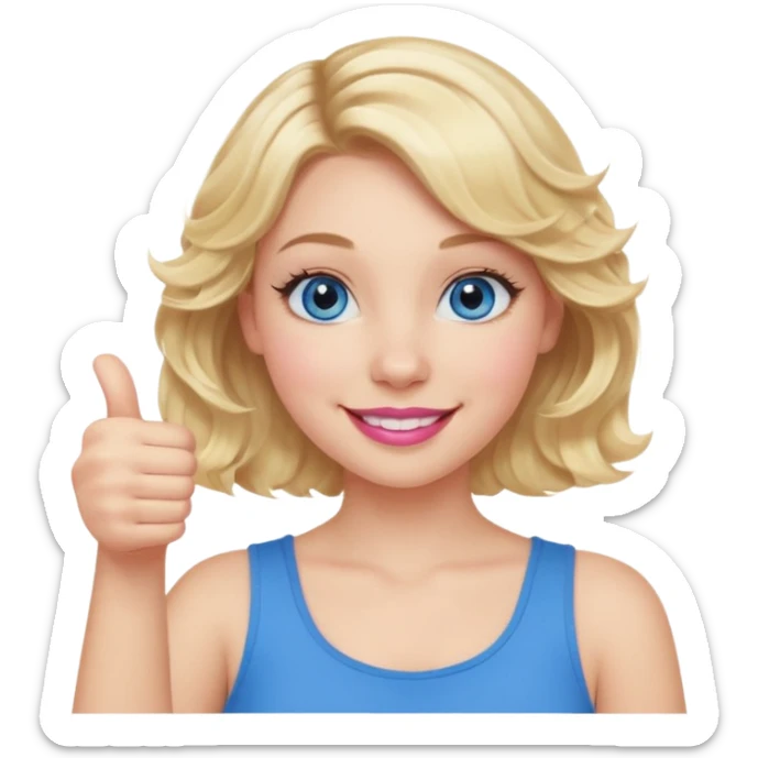Girl Blonde short wavy hair,  blue eyes, cute blue top, long lashes, pink lips, smiling, 👍🏻 sticker