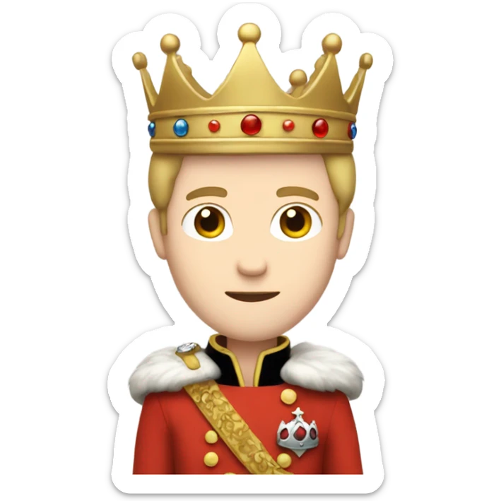 a prince with crown in his head, pale skin, brown short hair, and use red coat sticker