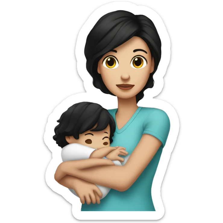 Pretty mom with dark hair and white skin holding baby boy tall black hair with white skin  sticker