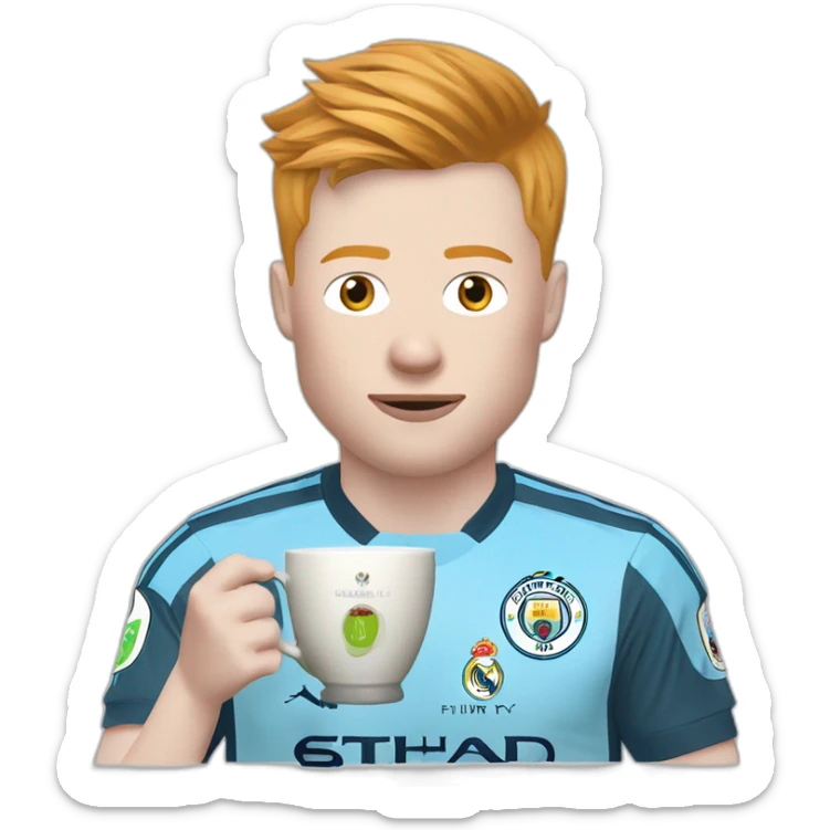 Kevin de Bruyne with a shirt of Manchester City drinking tea with a cup of Real Madrid  sticker