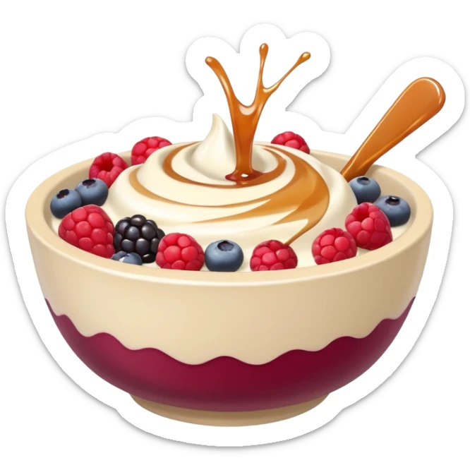 White swirl of yogurt in a beige bowl with mixed berries and caramel syrup  sticker