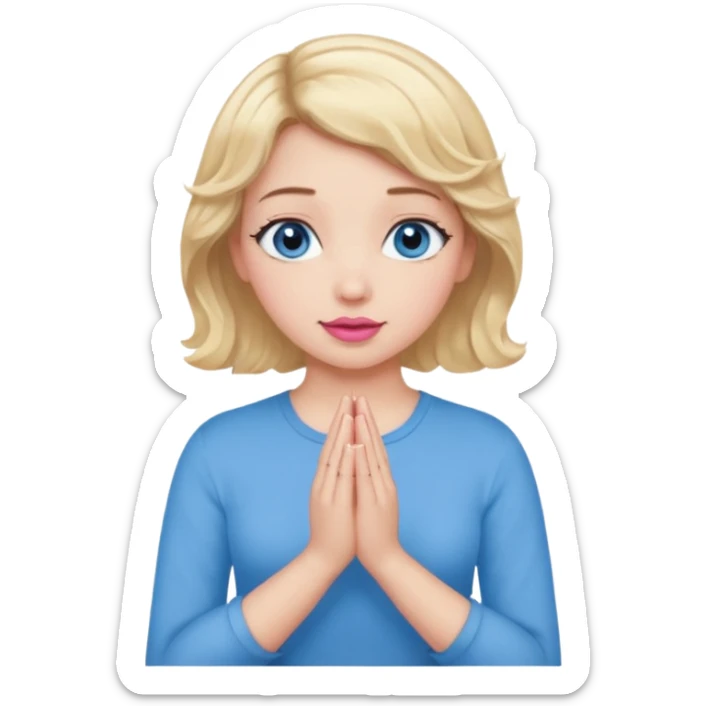 Girl Blonde short wavy hair,  blue eyes, cute blue top, long lashes, pink lips, praying hands sticker