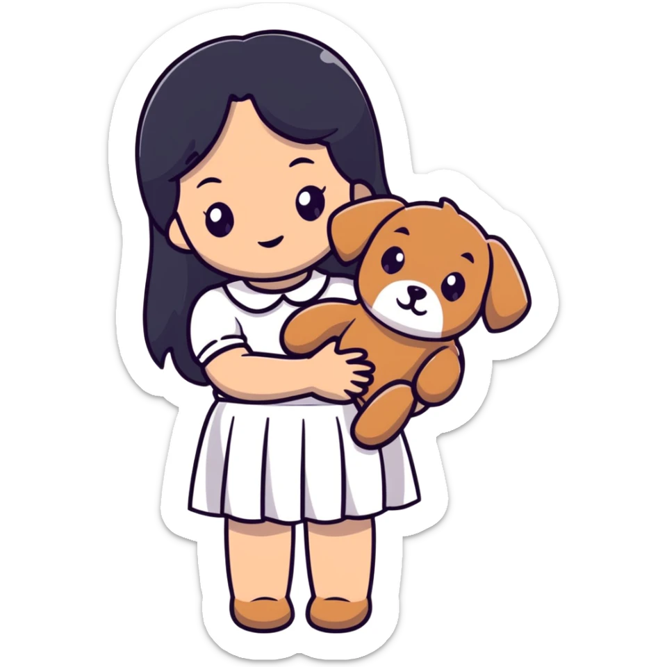 A beautiful girl with long straight black hair wearing a white skirt holding a small brown curly teddy dog sticker