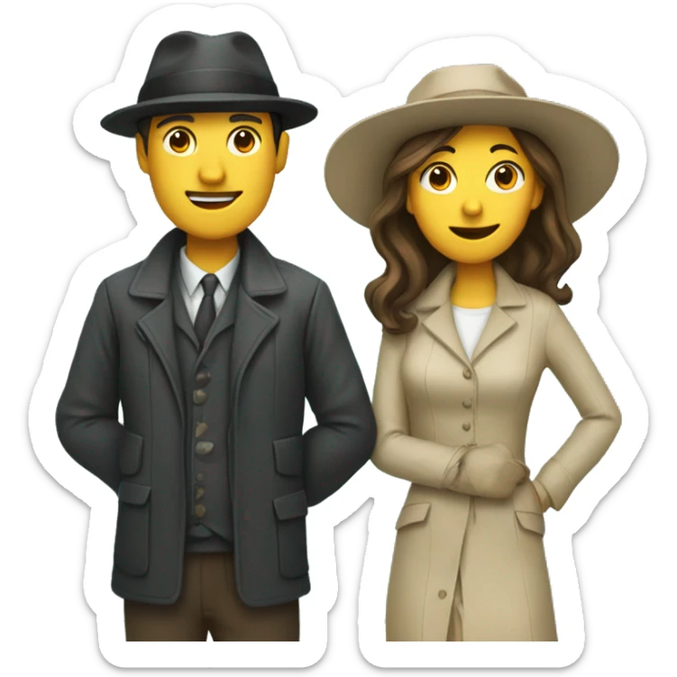 an couple, the man wearing hat and jacket. the gir wearing a dress sticker