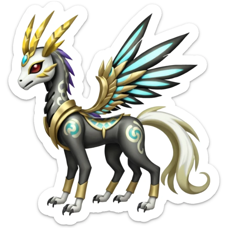 Colorful Shiny Tribal Skeletal masked armored Meloetta-Silvally-Solgaleo-Raikou-Pokémon-Digimon-Fakémon-fusion-hybrid-creature, full body sticker