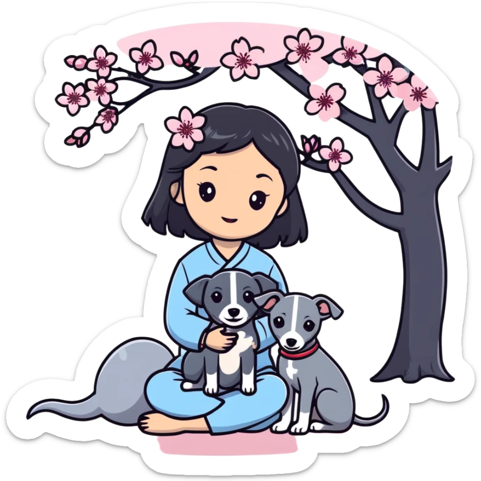 A young Chinese girl with long black hair and a pure grey Italian Greyhound with no white markings sitting under a cherry blossom tree sticker