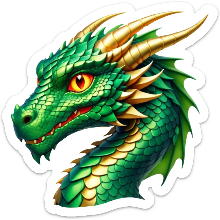 Cinematic Noble Dragon Portrait Emoji, Poised and majestic, with a sinuous, elongated body covered in intricately detailed, shimmering scales in hues of emerald and gold, and piercing, fiery eyes that reflect ancient wisdom; rendered with lifelike texture and natural highlights, high shine, intelligent and formidable, styled with an aura of mythic power, focused and attentive, soft glowing outline, capturing the essence of a legendary dragon that appears ready to soar out of the screen with timeless authority! sticker