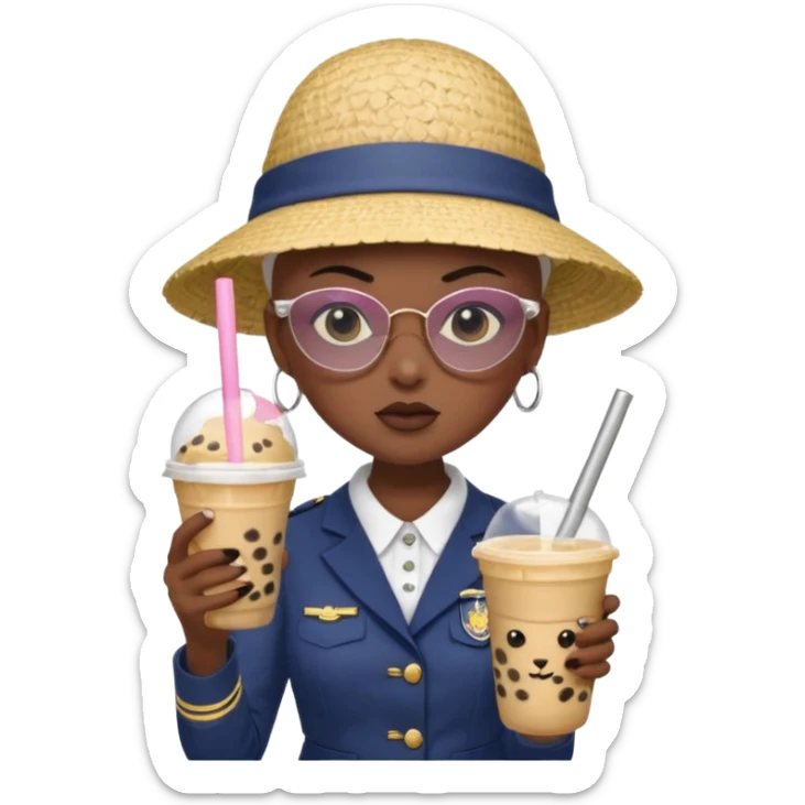 A Angry Teen Female with Dark skin and Bald, wearing a Uniform outfit, a Sunhat, Sunglasses, carrying a Enchanted staff, working as a teacher, while drinking Bubble tea and reading a Comic.
 sticker