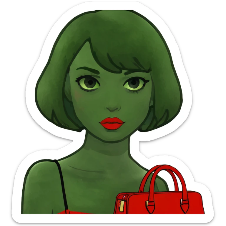 Blonde girl with short hair with green eyes red lips and she gives a kiss with holding a birkin bag sticker