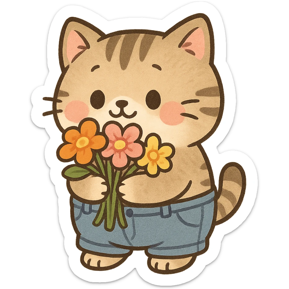 a chubby kitten wearing tiny pants and holding a bouquet of flowers, in a cute cartoon style sticker