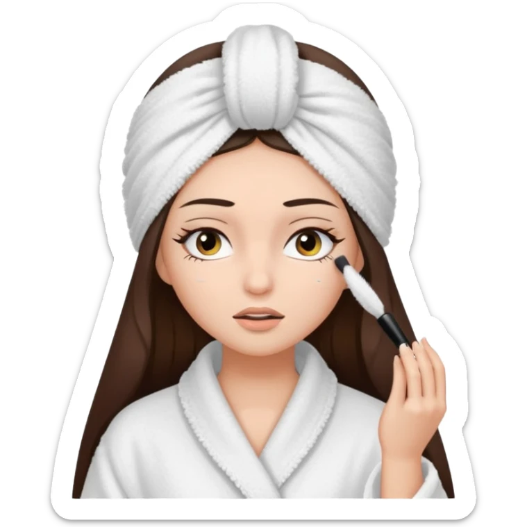 Girl with brown hair in white dressing gown and white towel wrapped in her head doing her mascara  Eyes closed white dark hair and towel wrapped differently doing mascara long hair  sticker