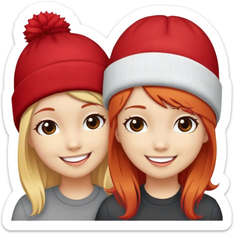 girls smiling with beanie hats blonde hair and red hair sticker