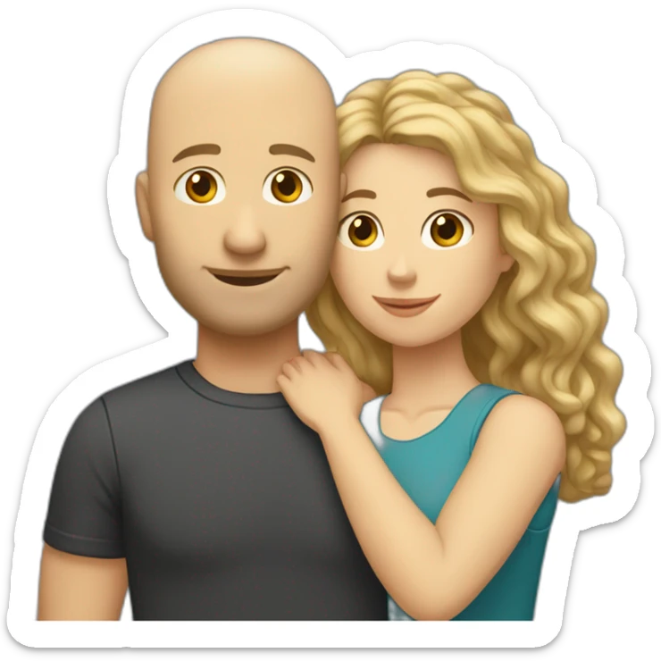 caucasian bald man and a caucasian woman with long curly dark hair and bangs hugging sticker
