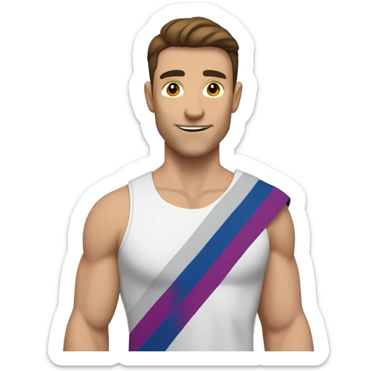 A muscular white man with half-slanted brown eyes and brown hair style with a parting on the left side holding the bisexual flag sticker