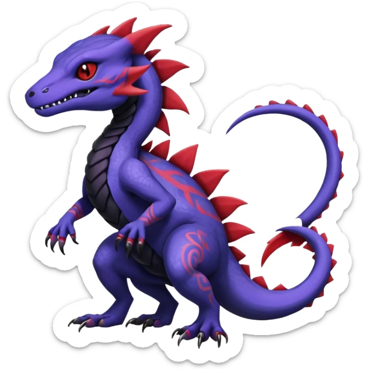 Rare warm-colored exotic gloomy tropical edgy cute epic aesthetic spooky indigo purple white black red gothic colorful Salandit-charmeleon-sergal-species-Fakemon-hybrid-creature, with tribal tattoo markings, full body sticker