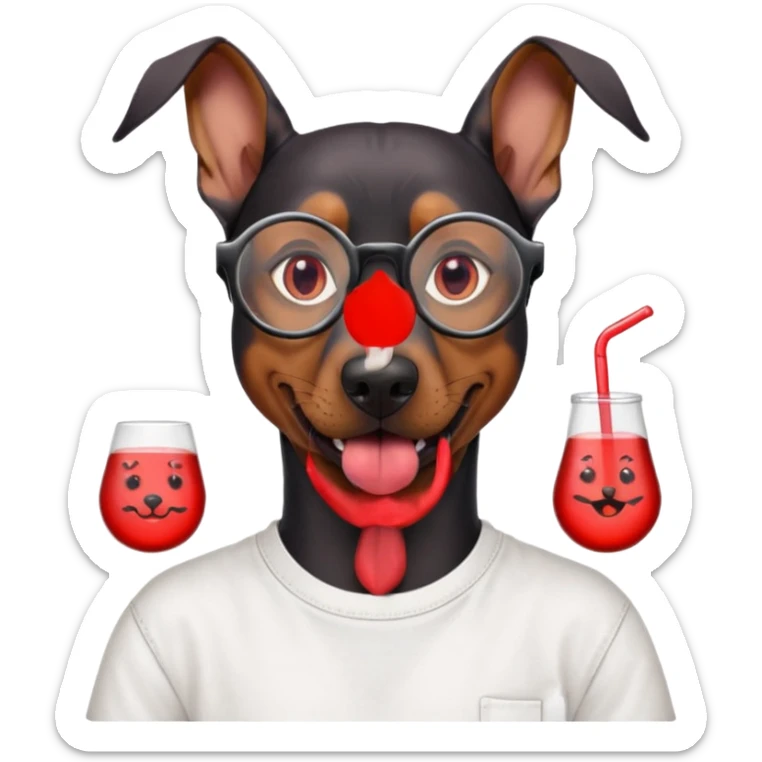 Generate a emoji of a big evil doberman dog with red eyes and a tongue sticking out, give the doberman a human body with a white shirt and baggy jeans, make the doberman have ear piercings and a septum ring, make the dog have black circular glasses with a red tint sticker