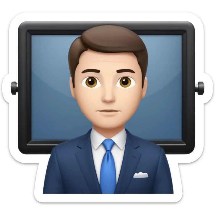 a male news anchor sits sideways, with a screen with a prompter in front of him sticker