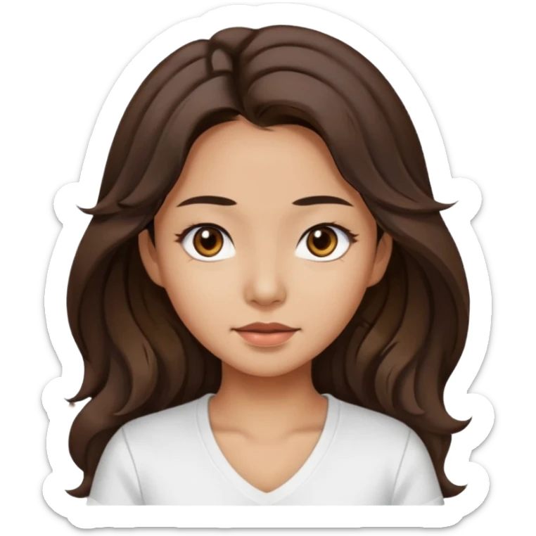 iOS style emoji. A girl with very long dark brown wavy hair. And the eyes color is dark brown. And she is wearing white t shirt with V kneck. And she is 30. She is Asian with double eyelids  sticker