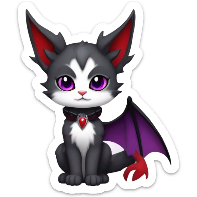Anthro-Cute-Edgy-Cool-Vampiric-Batty-Cat-Black-Purple-Red-Grey-White-Yellow-Contrast-Colors-Fantasy-Fur-Sona-Chibi-Shiny-Fakémon-Hybrid with horns and fangs and collar full body sticker
