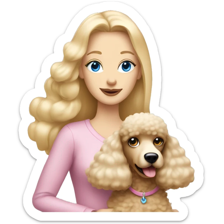 blonde mom with straight long hair has blue eyes is holding a cream poodle  sticker