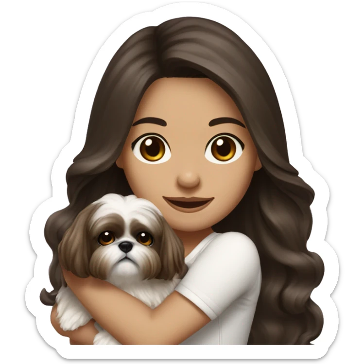 Young dark brunette medium kin hair woman with a cream shih tzu in her arms long wavy hair sticker