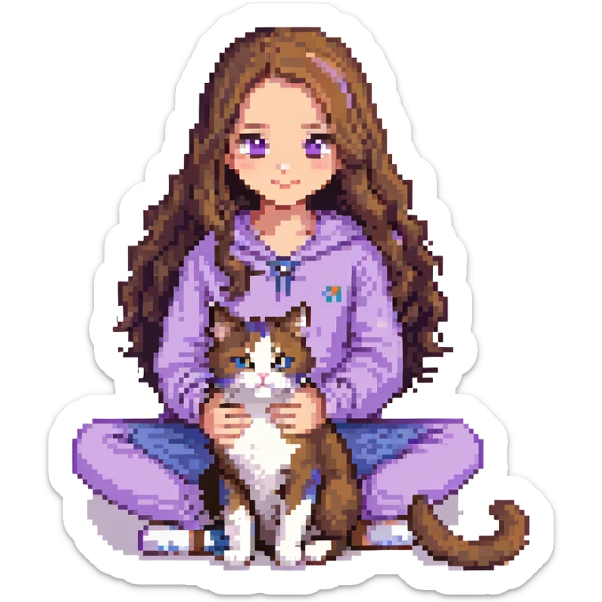 Add a simple, cheerful background to the scene with a girl with long, wavy brown hair, brown eyes, purple clothes, sitting with a three-color cat, in pixel art style. sticker