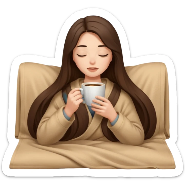 Brunette girl long hair inside a beige blanket sipping coffee eyes closed sticker