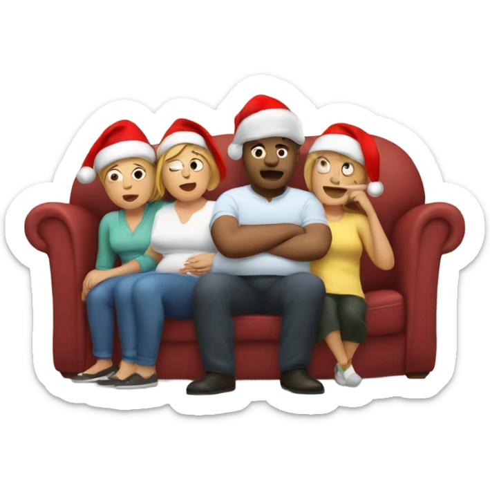 Family sitting on couch wearing Christmas hats. All with fat belly’s. Two people sleeping, one person burping. With Christmas dinner on floor.  sticker