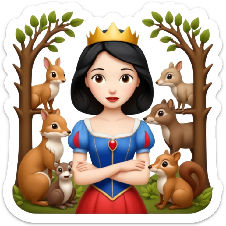 Snow White emoji with woodland animals, friendly and gentle, classic princess look sticker