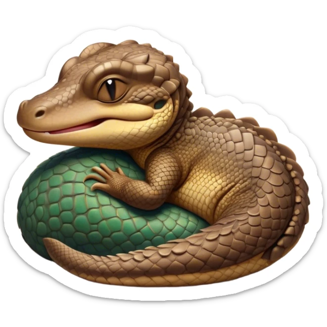 Meme-Worthy cute Sleeping Monitor Lizard Portrait Emoji, Head resting peacefully with a contented smile, showcasing intricately patterned scales and eyes gently closed in serene slumber, Simplified yet comically adorable features, highly detailed, glowing with a soft, drowsy earthy light, high shine, relaxed and utterly lovable, stylized with an air of playful laziness, bright and heartwarming, soft glowing outline, capturing the essence of a sleeping reptilian guardian that feels destined to become the next viral icon of adorable rest! sticker