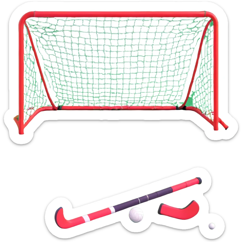 field hockey equipment on lush green pitch with goal in background sticker