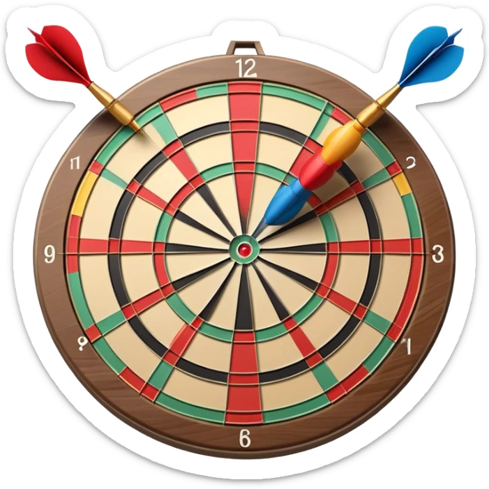 A dartboard with darts firmly stuck in the bullseye, surrounded by the colorful sections of the target. The background conveys a competitive atmosphere, with a subtle focus on precision and skill in the game of darts. sticker