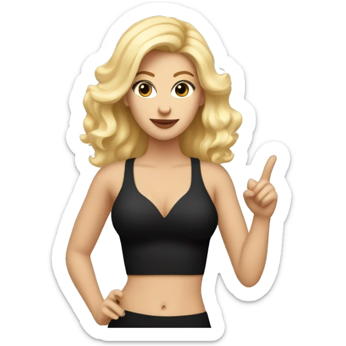 Emoji of a white woman with blonde hair in a black mini dress bra inside, confidently pointing forward with finger with a stylish, influencer vibe sticker