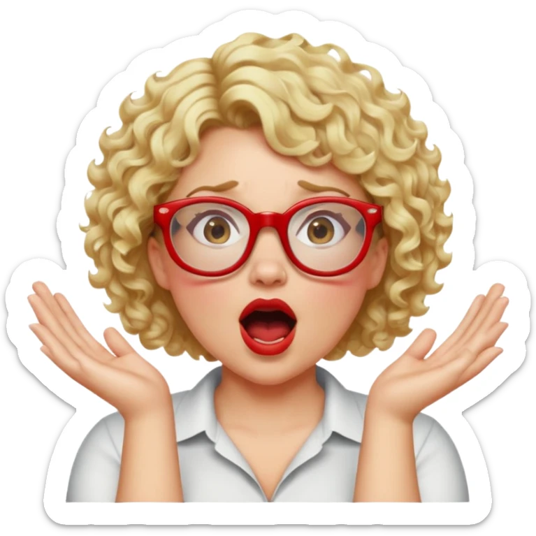 A blonde woman with short curly hair, slightly overweight, wearing red-framed glasses, shouting with hands cupped around her mouth sticker