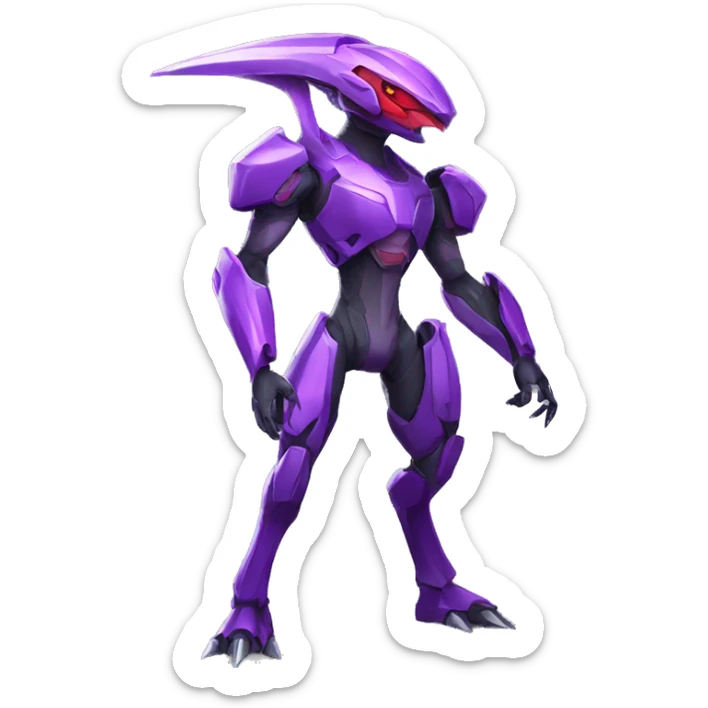 a purple-red Genesect-Raptor-Fakémon—hybrid with a futuristic visor-helmet full body sticker