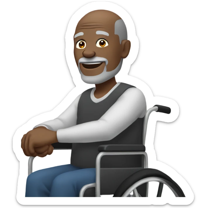 old black bald man with a belly in wheelchair. grey stubble. his left hand is pointing in front.  sticker