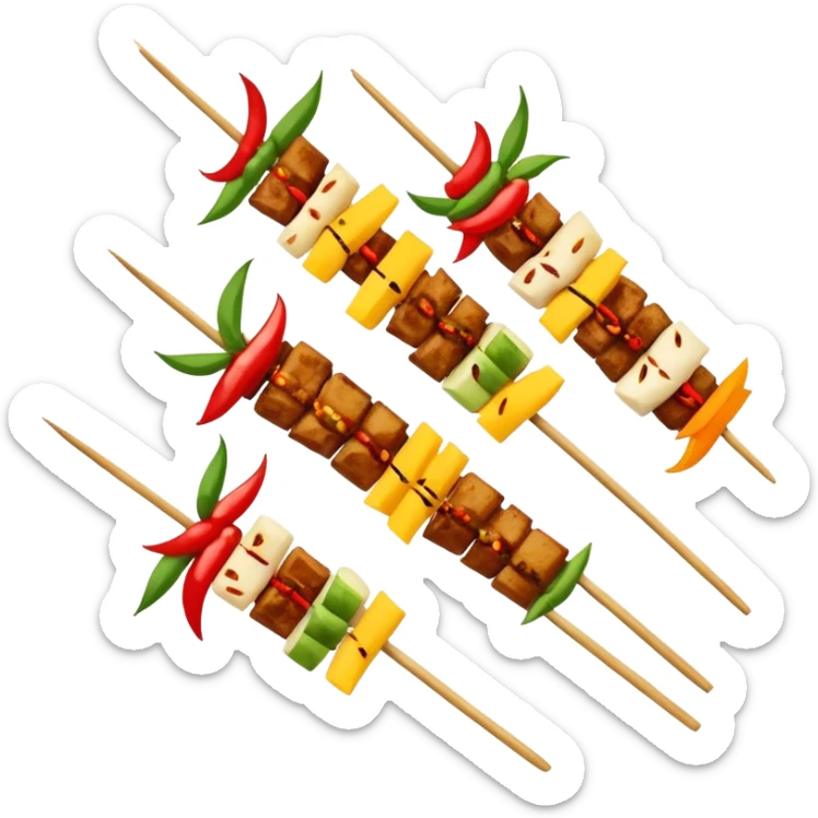 Sichuan Skewers Chuan Chuan Xiang with various foods on bamboo sticks, simplified emoji style with bold outlines and bright colors, cartoon style spicy street food sticker