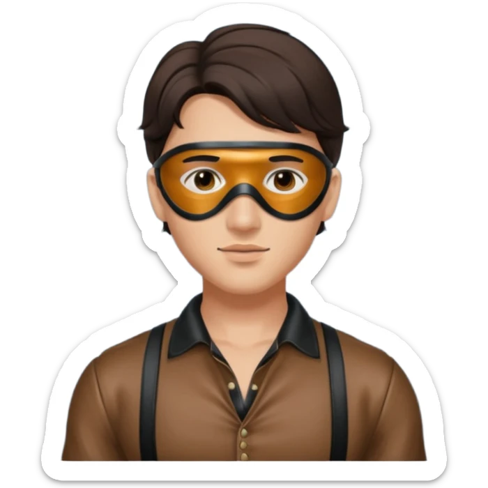 brunette young adult man with leather eye mask and leather halter neck blouse sticker