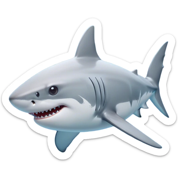 Cinematic Noble Shark Portrait Emoji, Poised and regal, with a sleek, powerful build and a smooth, streamlined body in icy gray and white tones, deep-set soulful piercing eyes, Simplified yet sharp and sophisticated features, highly detailed, glowing with a soft, dignified glow, high shine, intelligent and formidable, stylized with an air of oceanic majesty, focused and attentive, soft glowing outline, capturing the essence of a watchful and confident predator, so majestic it feels as though it could glide out of the screen with effortless authority! sticker