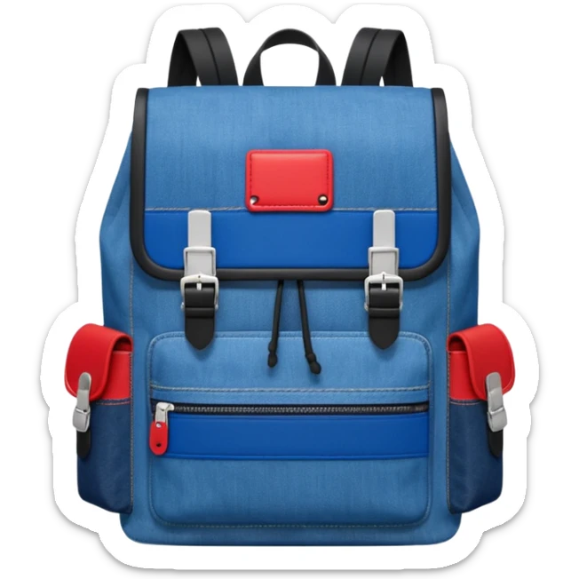 Minimalist emoji-style icon of a stylish blue denim backpack with a flap top, two vertical black buckle straps, a large red-white-navy horizontal block in the center, and two zipper side pockets. Inspired by Tommy Jeans design. Front view, cartoon-like, clean design.

 sticker