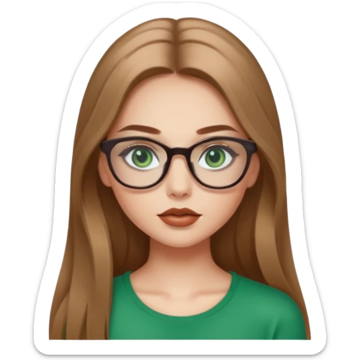 Yeşil gözlü,Hafif kahverengi uzun saçlı, beyaz tenli, gözlüklü, crop giyinen ,baya dolgun dudaklı gloss sürmüş,makyajlı bir kız sticker