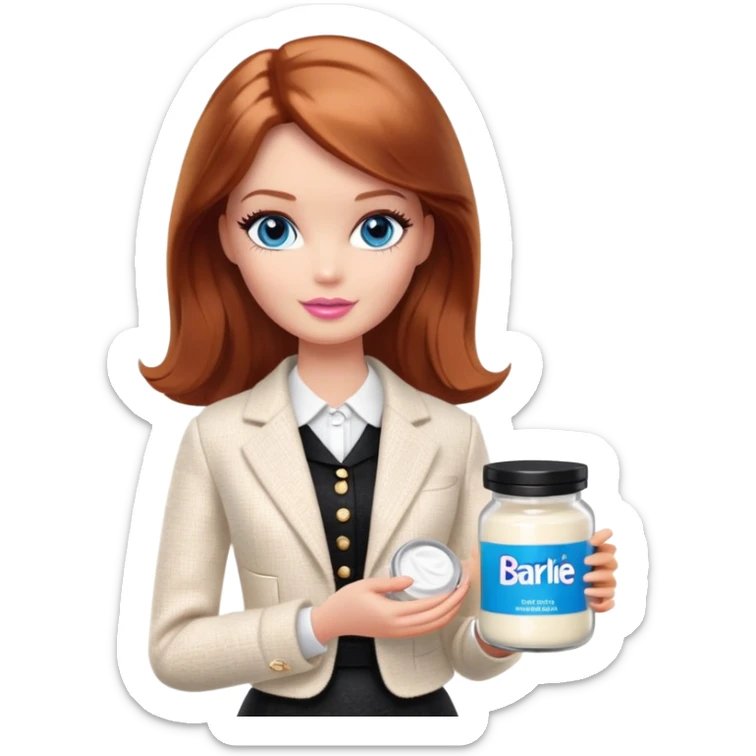 A Barbie girl with blue eyes, shoulder-length reddish-brown hair, made-up, in a white tweed jacket and black skirt, holding a jar of pale beige body cream sticker