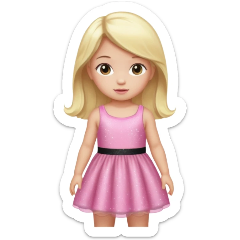 A baby with a pink sparkling dress and blonde hair and black hair and long hair sticker