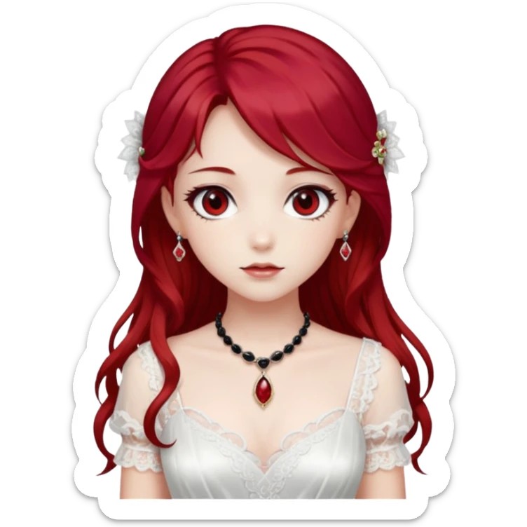 Beautiful shiny Gorgeous Anime Lady with dark hair and red hair streaks with a beautiful white silky lace dress and rubies and onyx gems  sticker